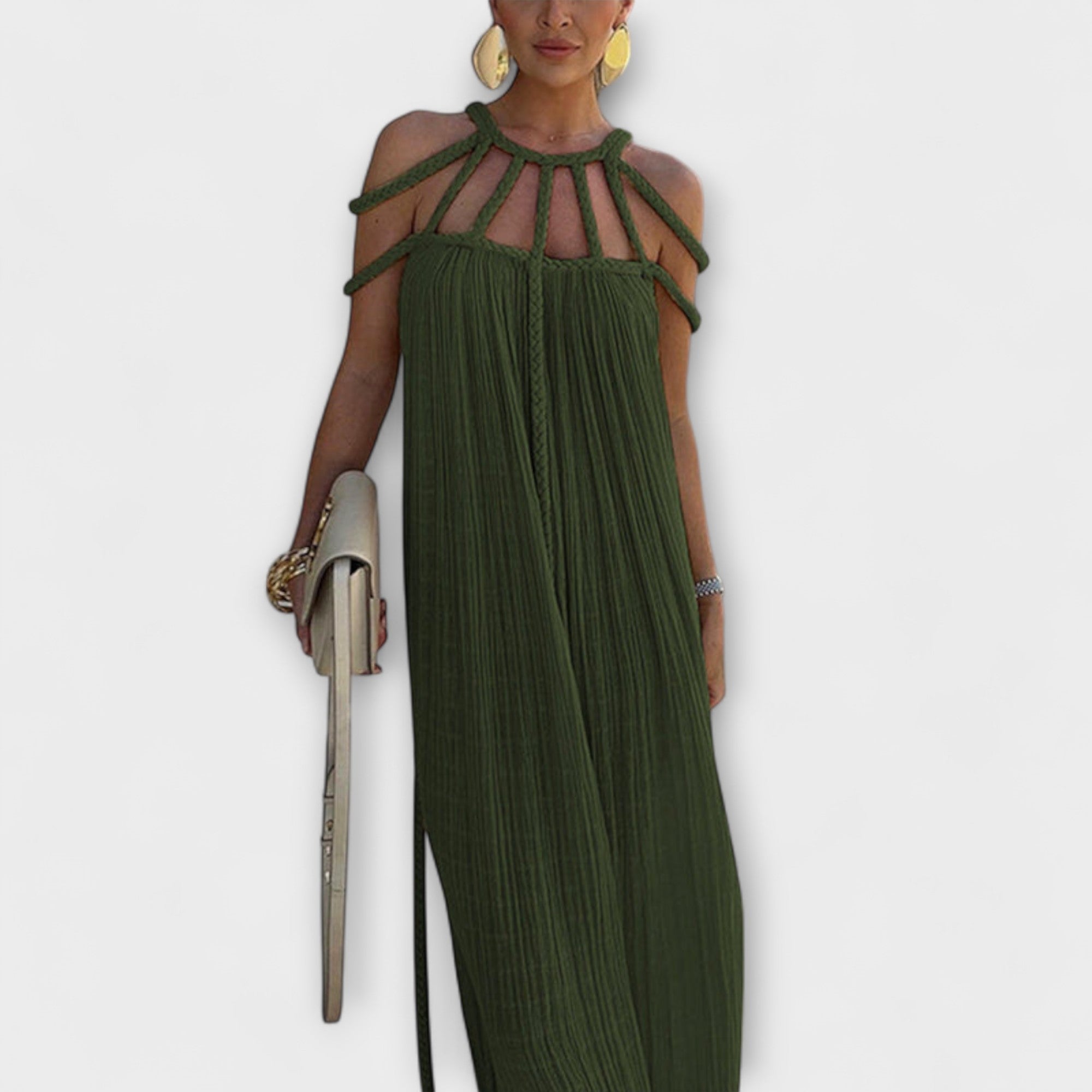 Briar - Un elegante abito maxi in tessuto misto con trecce drappeggiate