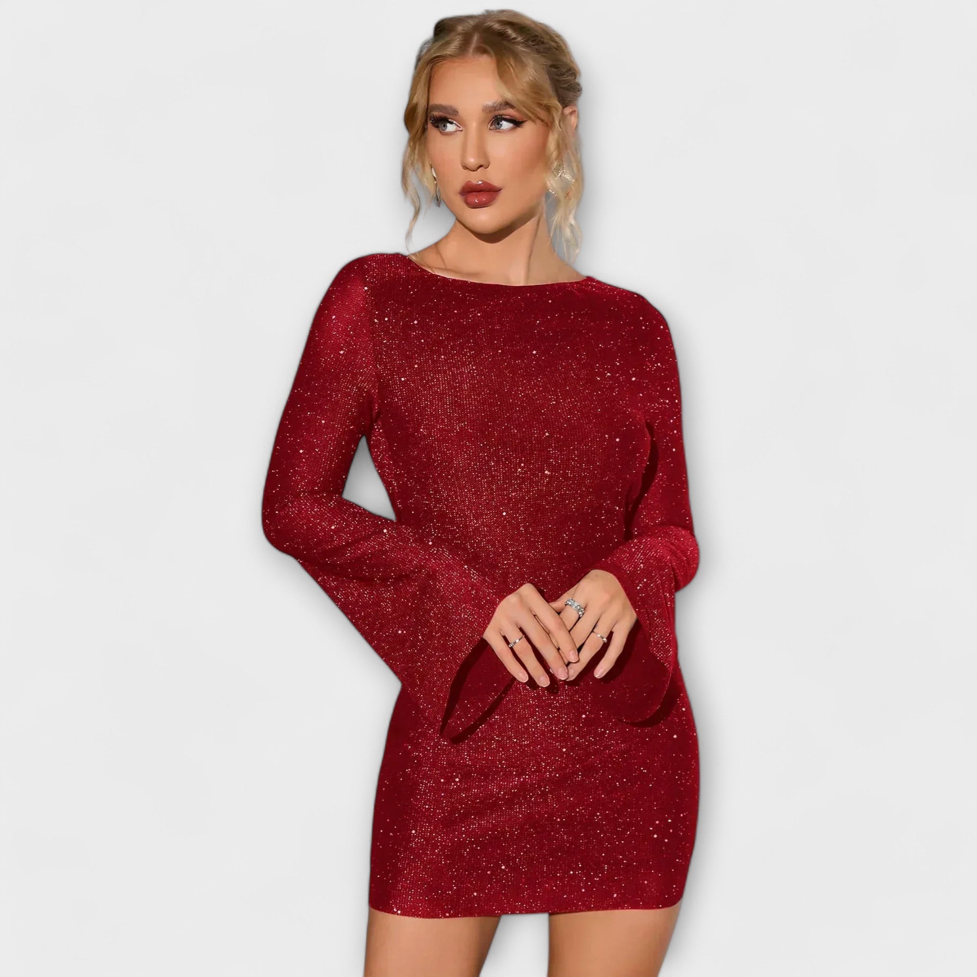 Abito senza schiena con paillettes e maniche lunghe